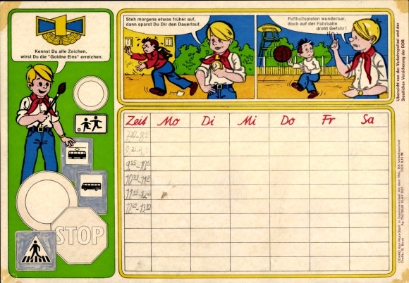 Timetable GDR traffic police and German insurance, Goldene Eins traffic education around 1970