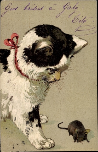 Präge Litho Katze schaut auf Maus