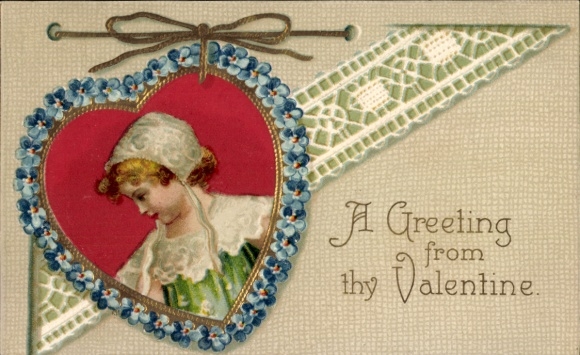 Postcard Congratulations Valentine's Day, Girl Portrait, Forget-me-not