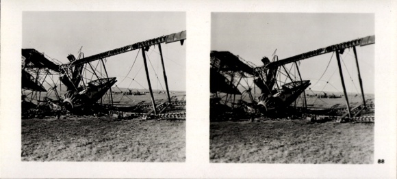 Stereo spatial image photo flying and winning No. 88, Greek aircraft destroyed by German hits
