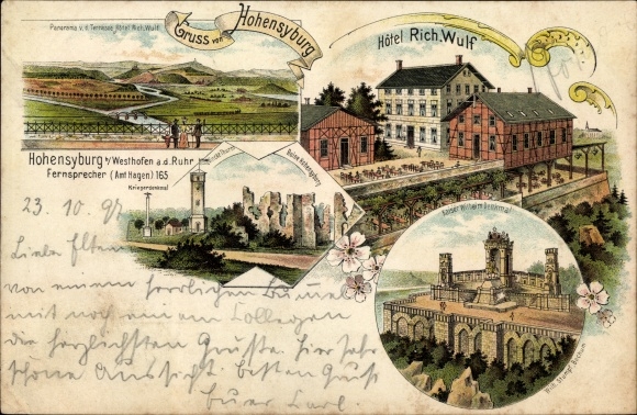 litho Hohensyburg Syburg Dortmund Noordrijn-Westfalen, Kaiser-Wilhelm-monument, hotel
