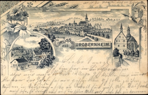 Chromo-Litho Burgbernheim Middle Franconia Bavaria, butterfly, view of the town, church