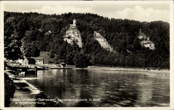 Postcard Bad Karlshafen on the Weser, steamer pier with view of the Huguenot Castle