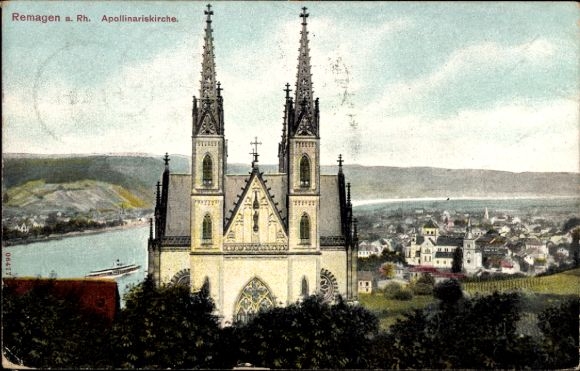 Ak Remagen am Rhein, Apollinariskirche, Rheinlandschaft, Schiffe, Stadtansicht