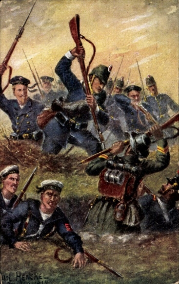 Kunstenaarsbriefkaart Henckel, Carl, Duitse marinetroepen, Engels en Belgisch, strijdtoneel, WO I