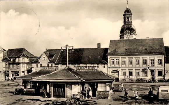 Postcard Ruhland in Upper Lusatia, market square, bell tower, tower clock