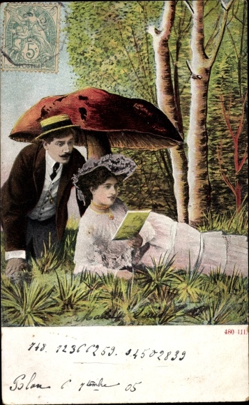 Postcard Glückspilz, lovers under a mushroom