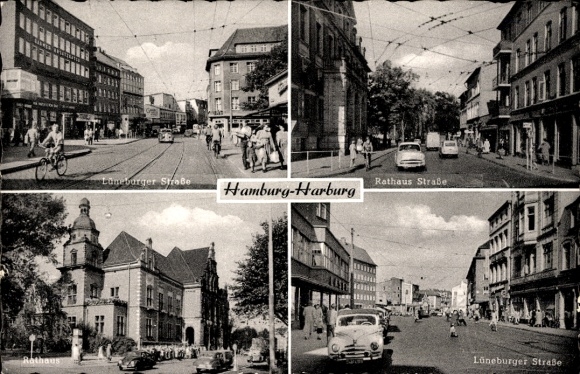 Postcard Hamburg Harburg, Lüneburger Straße, Rathausstraße, Rathaus