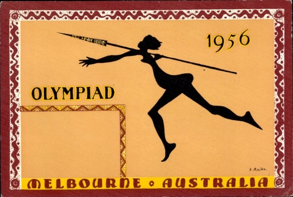 Artist Postcard Rajko, S., Melbourne Australia, Olympics, Olympic Games 1956, javelin thrower