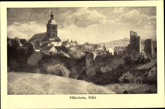 Künstler Ak Wille, F., Hillesheim Rheinland Pfalz, Kirche, Panorama vom Ort