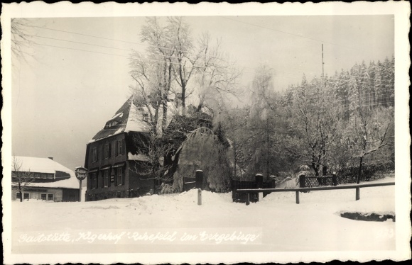 Postcard Rehefeld fence house Altenberg in the Ore Mountains, Gasthütte Jägerhof, owner E. Schilling