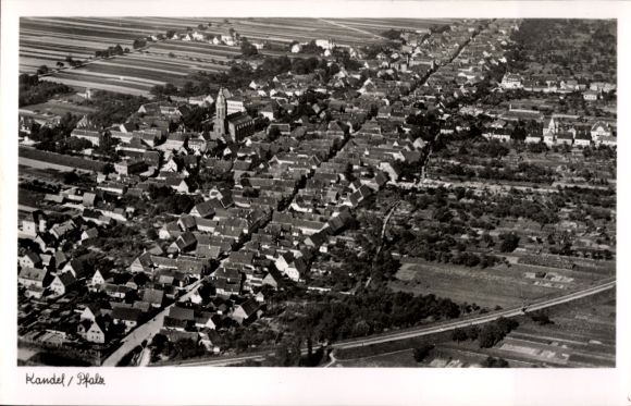 Postcard Kandel in the Palatinate Bienwald, aerial view of residential areas, fields, church