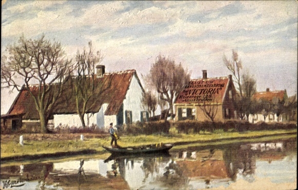 Artist PC Gerstenhauer, JG, river section, boat, houses, advertising Victoria