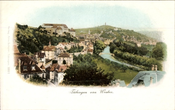 Ak Tübingen am Neckar, Panoramaansicht von  Fluss, Hügel, Häuser, Verlag Frits Schuler