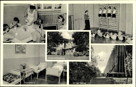 Postcard Bad Sassendorf in the district of Soest, children&#39;s sanatorium, Siegfriedsheim, saline, gymnastics