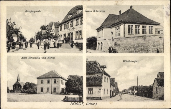PC Hördt in der Pfalz, street section, new school building, Wörthstraße, church