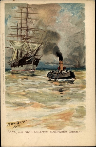 Artist Chromo-Litho Diemer, Zeno, Barque brought up the Elbe by a tugboat