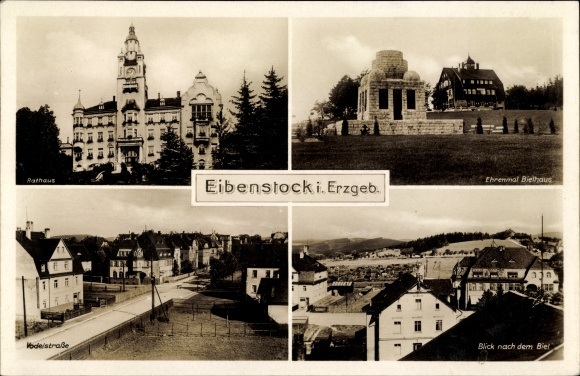 Postcard Eibenstock in the Erzgebirge of Saxony, town hall, Vodelstrasse, Bielhaus with memorial, view of Biel