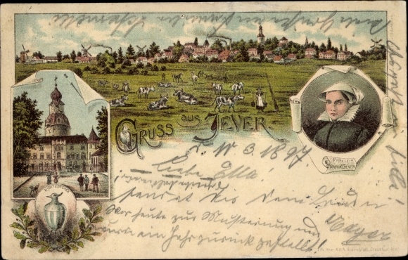 Chromo-Litho Jever in Oldenburg Friesland, general view, castle, Maria von Jever, lapwing cup