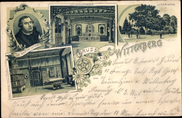 Lithograph Lutherstadt Wittenberg, Dr. Martin Luther, Luther room, Luther oak, Luther cath