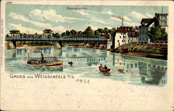 Litho Weißenfels an der Saale, Saalepartie, Boot, Dampfer