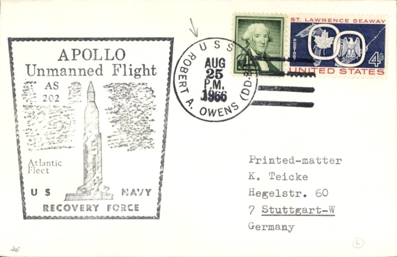 Brief Raumfahrt USA, Apollo Unmanned Flight, USS Robert A. Owens
