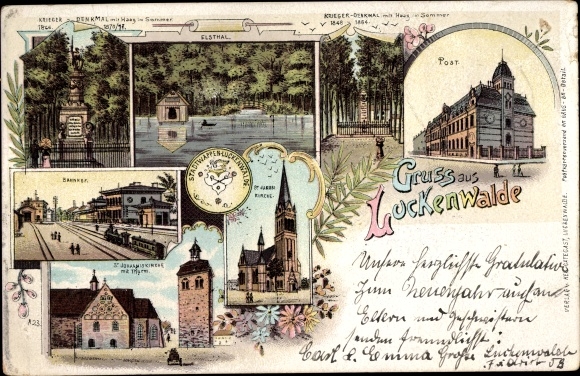 Chromo-Litho Luckenwalde in the district of Teltow Fläming, Elstal, post office, war memorial, train station, St. John&#39;s Church