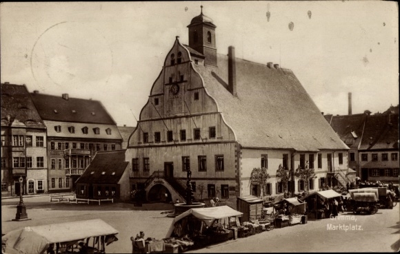 Postcard Grimma in Saxony, market place, stands