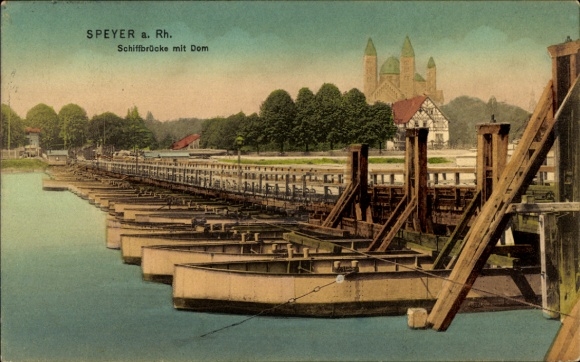 Ak Speyer am Rhein, Schiffbrücke mit Dom