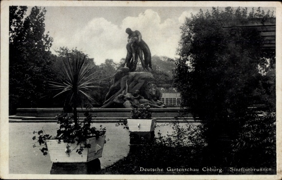 Ak Coburg in Oberfranken, Deutsche Gartenschau  Sintflutbrunnen, Statue, Pflanzen