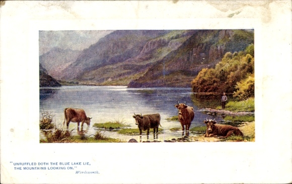 Artist Postcard North Wales, Cattle on the Shore of the Blue Lake, Wordsworth