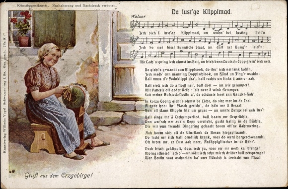 Song Postcard De lustge Klipplmad, lace maker, Wilhelm Vogel, Erzgebirge