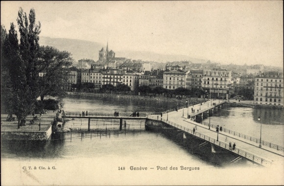 KP Genewa Miasto Szwajcaria, Pont des Bergues, rzeka, most, budynki, drzewa