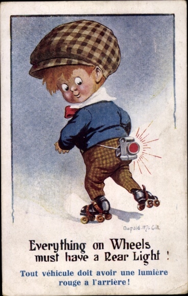 Artist Postcard McGill, Donald, Everything on Wheels must have a Rear Light