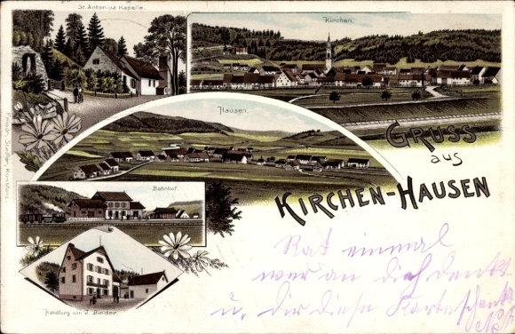 Litho Kirchen Hausen Geisingen in Baden, Panorama, Bahnhof, Geschäft J. Binder, Antonius-Kapelle