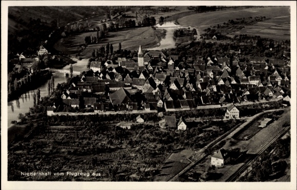 Postcard Niedernhall in the Hohenlohe district, aerial view of the river, numerous roofs, buildings
