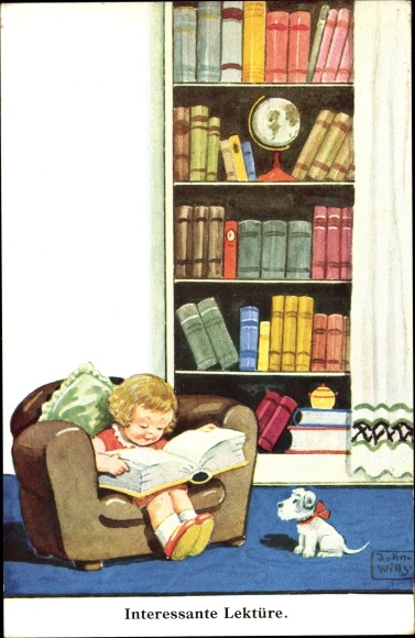 Artist Postcard Wills, John, girl in armchair, big book, dog
