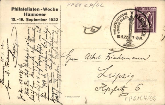 KP z papieru listowego Hanower w Dolnej Saksonii, Tydzień Filatelistów 1922, PP 61 C 4/02
