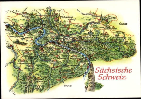 Maps Postcard Königstein an der Elbe Saxon Switzerland, Hohnstein, Sebnitz, Bad Schandau