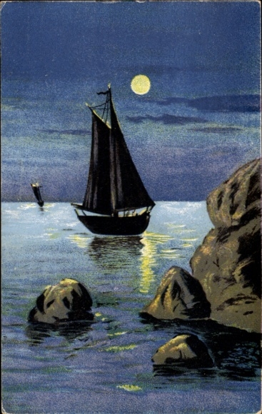 Postcard sailboat at night, moonlight