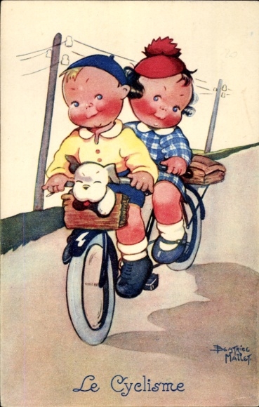 Artist Postcard Mallet, Beatrice, Le Cyclisme, boy, girl, bike, tandem, dog