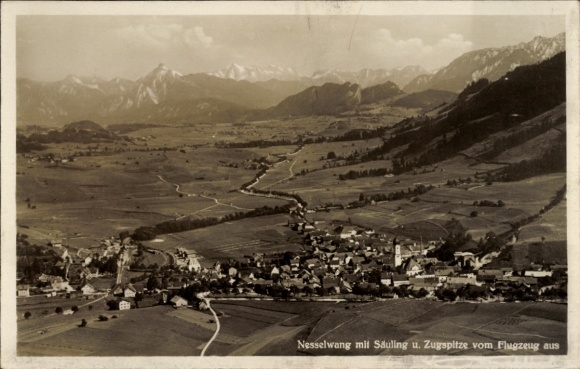 Postcard Nesselwang in Allgäu, Nesselwang with Sauling, Zugspitze, airplane view