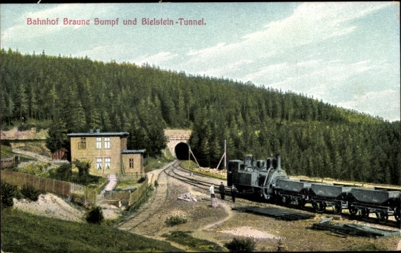Postcard Blankenburg am Harz, Braune Sumpf station and Bielstein tunnel, Harz rack railway
