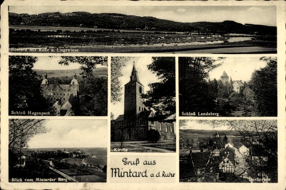 Postcard Mintard Mülheim an der Ruhr, general view, Landsberg Castle, village street, church