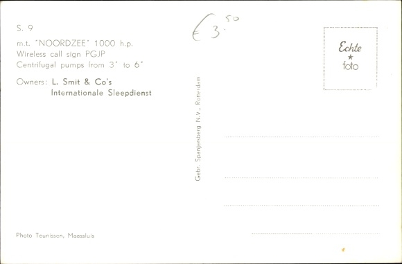 Postkaart trekker MT Noordzee, L. Smit & Co, internationale slaapservice