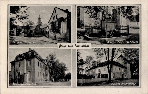 Ak Farnstedt Farnstädt in de Saalekreis, oorlogsmonument, kerk, landhuis Oberhof, Unterhof