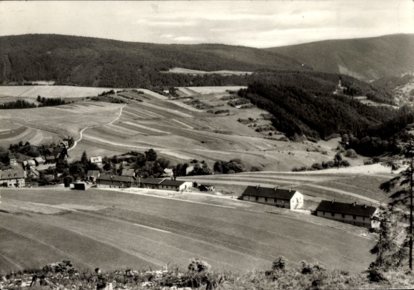 Postcard Meura in Thuringia, landscape, children's holiday camp, Ernst Thälmann, VEB steel and rolling mill...