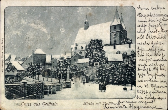 Ak Geithain in Sachsen, Schneebedeckte Landschaft, Kirche, Stadthaus, Menschen, Grüße aus Geithai