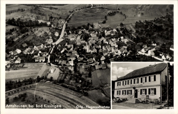 Postcard Arnshausen Bad Kissingen Lower Franconia Bavaria, aerial photograph, Gasthaus zum Lamm