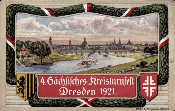 Artist Postcard Dresden, 4th Saxon District Gymnastics Festival 1921, view from the Waldschlösschen